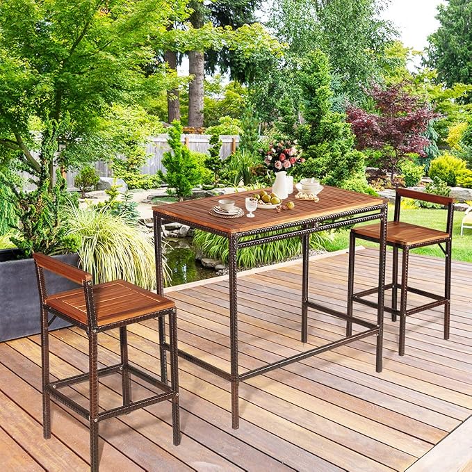 HAPPYGRILL 3 Pieces Outdoor Wicker Rattan Bar Set, Acacia Wood Patio Dining Furniture Set with 2 Chairs for Poolside Backyard Patio Balcony