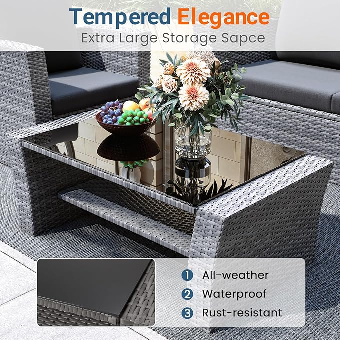 Wisteria Lane 4 Piece Patio Furniture Set, Wicker Outdoor Patio Conversation Furniture Set, All Weather Outdoor Patio Sofa with Cushion and Glass Table, Black