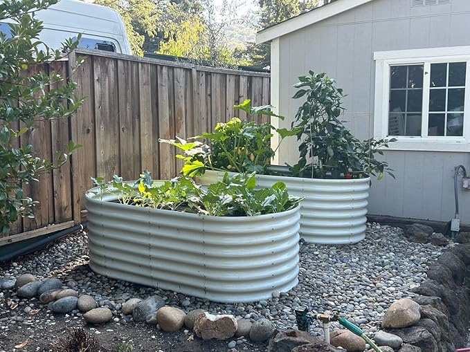A ANLEOLIFE 4-Set 8X4X2 ft Galvanized Raised Garden Bed Kit, Oval Metal Deep Root Planters for Outdoor Plants, Antique White