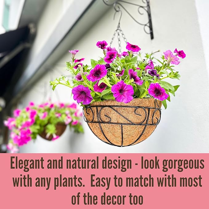 LaLaGreen Hanging Planter for Outdoor Plants (16 Inch, 4 Pack) Hanging Baskets with Coco Liner, Black Metal Wire Flower Basket Pots with Hook Hanger Balcony Porch Farmhouse Country Style Garden Decor