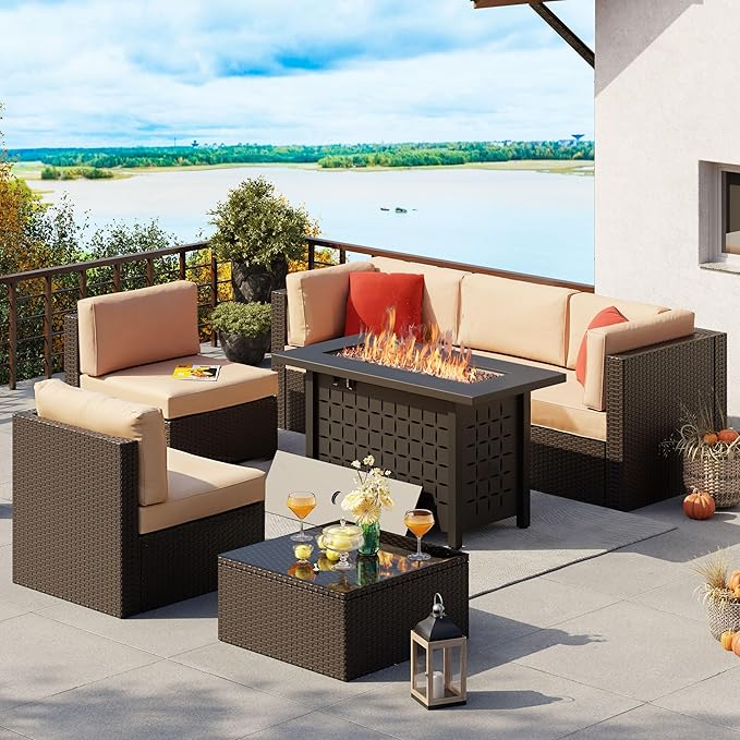 Vongrasig 7 Piece Patio Furniture Set with Gas Fire Pit Table, Outdoor Conversation Sets Wicker Rattan Sectional Sofa with Coffee Table, 43” Propane Gas Firepit Table with Lid, Beige