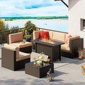 Vongrasig 7 Piece Patio Furniture Set with Gas Fire Pit Table, Outdoor Conversation Sets Wicker Rattan Sectional Sofa with Coffee Table, 43” Propane Gas Firepit Table with Lid, Beige