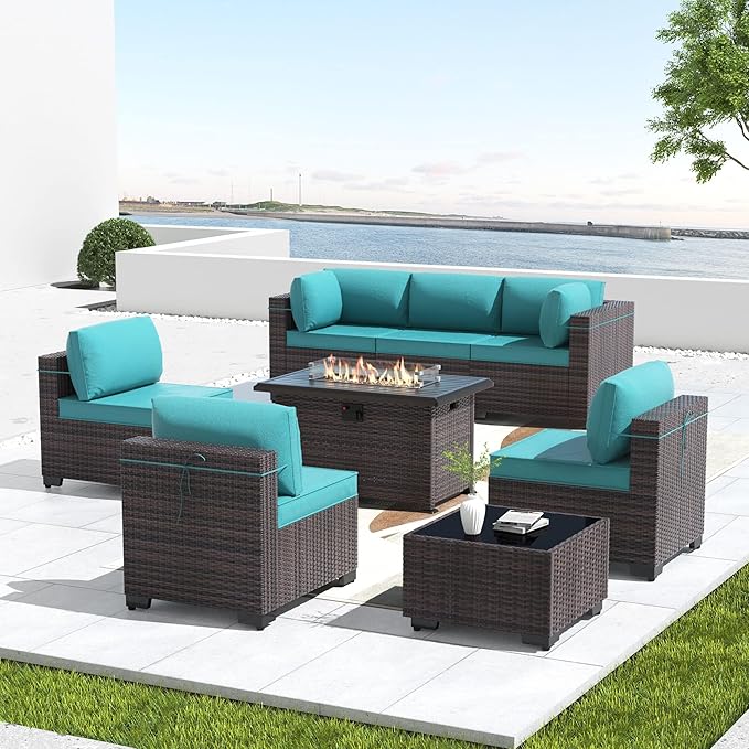 Kullavik 8 Pieces Outdoor Patio Furniture Set,Sectional Sofa Set with 43" 55000 BTU Gas Propane Fire Pit Table,Brown PE Rattan Wicker Patio Conversation Set,Turquoise Blue