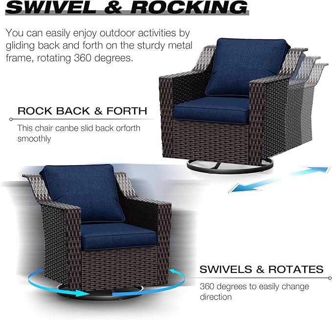 Joyside Wicker Patio Furniture Sets, 5 Pieces Upgraded Large Size Outdoor Furniture with Swivel Rocking Patio Chairs, 3-Seat Sofa, Fire Table, Coffee Table, Thick Cushions, Wide Armrest, Blue