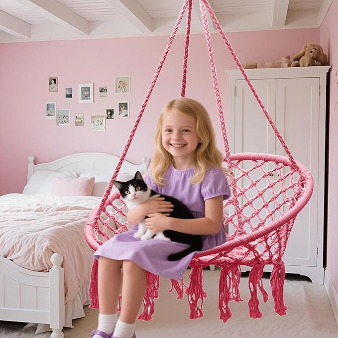 Goutime Hammock Chair, Macrame Hanging Swing Chairs with Hardware Kit,Adult Boho Swings for Outside,Patio,Balcony,Bedroom (Pink (Pillows are not Included))