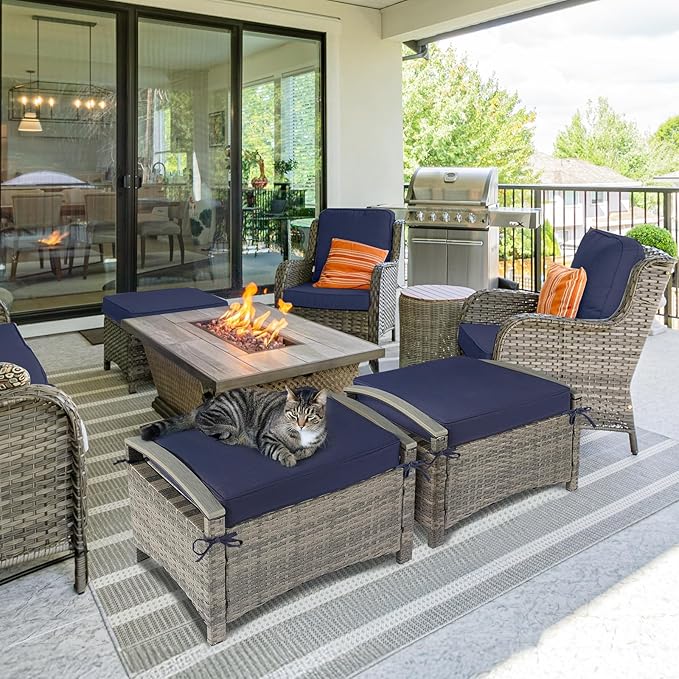VINGLI Wicker Outdoor Ottoman Set of 2, All Weather PE Rattan Footstool for Patio w/Removable Cushions, Waterproof Rattan Foot Rest for Garden, Balcony, Poolside (Grey)