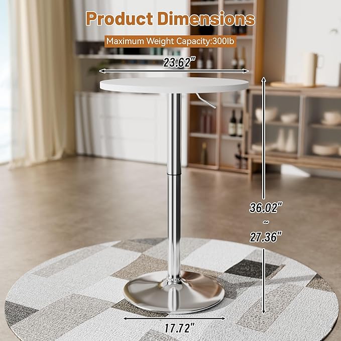 Flamaker Round Bistro Pub Table 23.6 Inch Height Adjustable 360° Swivel Bar Table Metal Base for Pub, Dining Room, Party (1, White-Silver)