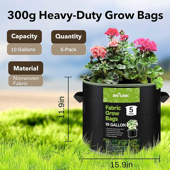 BN-LINK 5-Pack 10 Gallon Grow Bags, Heavy Duty Aeration Fabric Pots with Handles, Thickened Nonwoven Plant Bags for Vegetables, Flowers, Fruits
