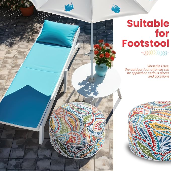 Juexica 2 Pack Outdoor/Indoor Inflatable Ottoman 21 x 9 Inch Paisley All Weather Round Footrest Stool with Handle Water Repellent Portable Footstool Pouf for Patio Garden Camping Home Deck Travel