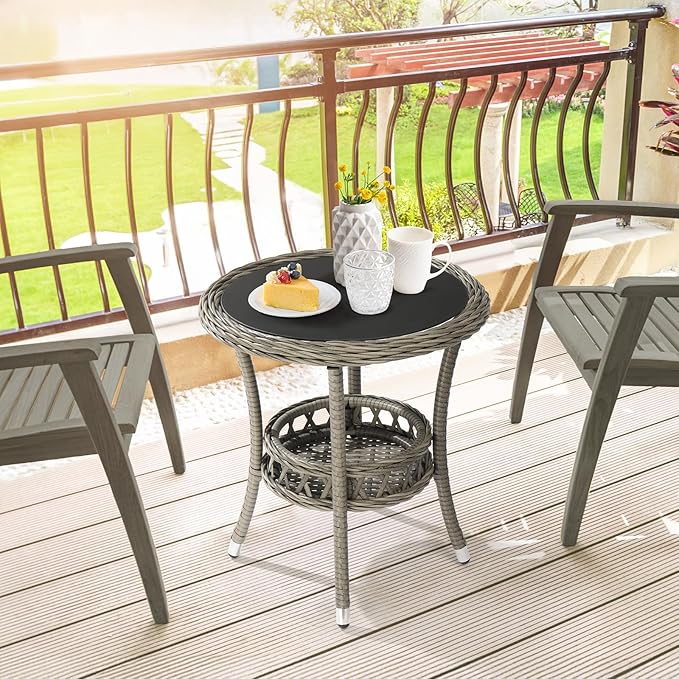 VINGLI Outdoor Wicker Side Table, Patio Side Tables for Outside Tempered Glass Top Wicker Table with Storage End Table for Balcony Porch Deck (Grey)