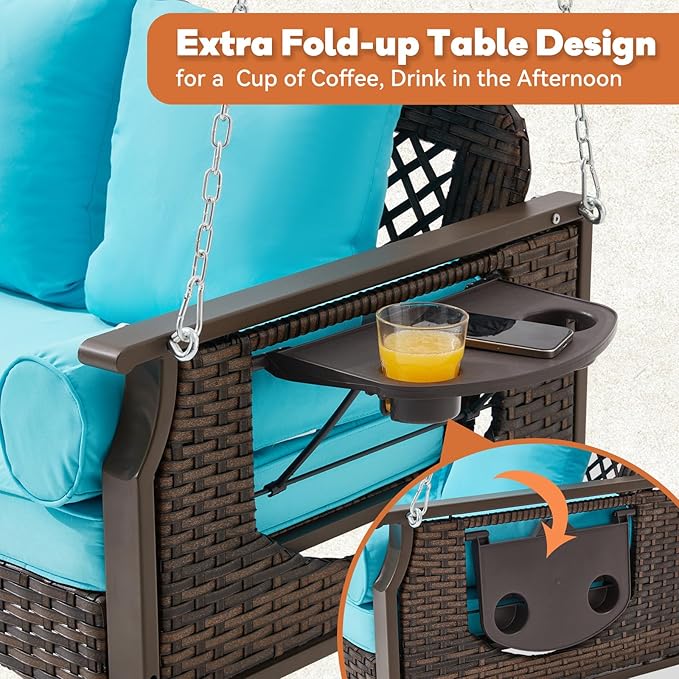 3 Seat Porch Swing, Wicker Patio Swing with Cup Holders & 3 Back Cushions, Yard Swing with Chains for Deck Garden Backyard,Brown Rattan, Lake Blue Cushion, 56-inch