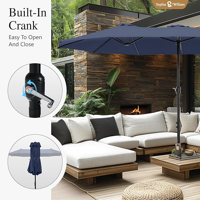 Sophia & William Patio Outdoor Table and Chairs Set with Umbrella Navy, Patio Dining Sets for 6, 7 Pieces Patio Table Set for Backyard Deck Porch Outside, Metal Table with Cushioned Rattan Chairs