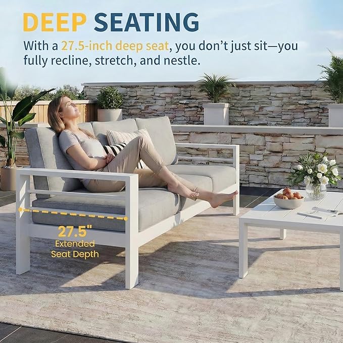 Solaste Aluminum Patio Furniture Set for All Weather, Oversized Metal Outdoor Furniture Set with 27.5" Deep Seating and 3.2" Wide Armrest, Outdoor Patio Sofa with 10" Back Suport Cushion
