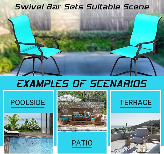 LEVELEVE Patio Bar Set 2pcs Swivel Bar Stools Outdoor Bistro Textilene Furniture Stability All-Weather Set (2, Lake Blue Padded)