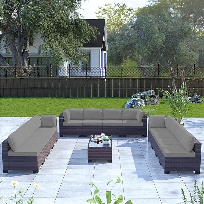 Kullavik 14 Pieces Outdoor Patio Furniture Set,Sectional Rattan Sofa Set Brown PE Rattan Wicker Patio Conversation Set with Tempered Glass Coffee Tables and Washable Cushions Covers,Grey