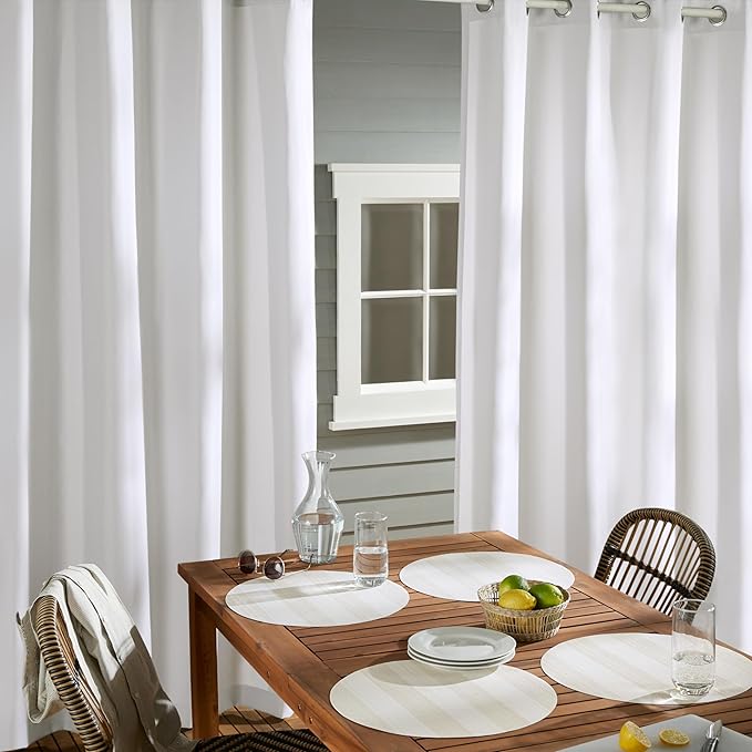 Town & Country Basics Cabana Solid Heavyweight Indoor Outdoor Curtains, Light Filtering Opacity with Grommet Top, Water Repellent, 2-Pack Set, 54"x63", White
