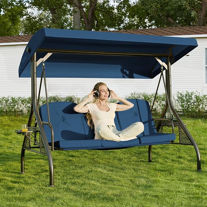3-in-1 Convertible Outdoor Swing for Adults, Outdoor Porch Swing with Stand 800lb Bearing Capacity, 3-Seat Outdoor Swing with Canopy Adjustable, Thickened Cushions (Round, Blue)