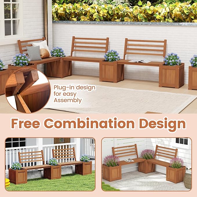 Giantex 2-in-1 Outdoor Bench with Backrest & 2 Raised Garden Beds, Wood with Teak Oil Finish, Planter Boxes with Open-Ended Base, Garden Bench Seat for Porch Balcony Lawn Yard, DIY Assembly