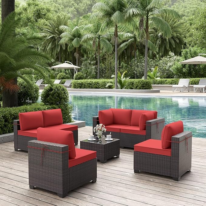 ALAULM Patio Furniture Set with Coffee Table, 7 Pieces Outdoor Sectional with Wide Seat and Thick Cushion, All Weather Wicker Rattan Conversation Set for Backyard, Garden, Deck, Red