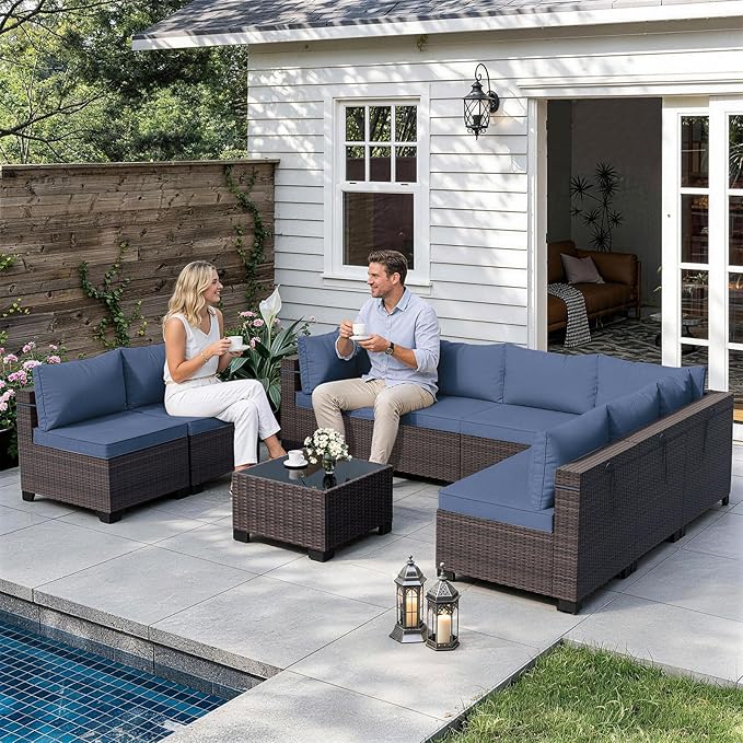 ALAULM Patio Furniture Set with Coffee Table, 9 Pieces Outdoor Sectional with Wide Seat and Thick Cushion, All Weather Wicker Rattan Conversation Set for Backyard, Garden, Deck, NavyBlue