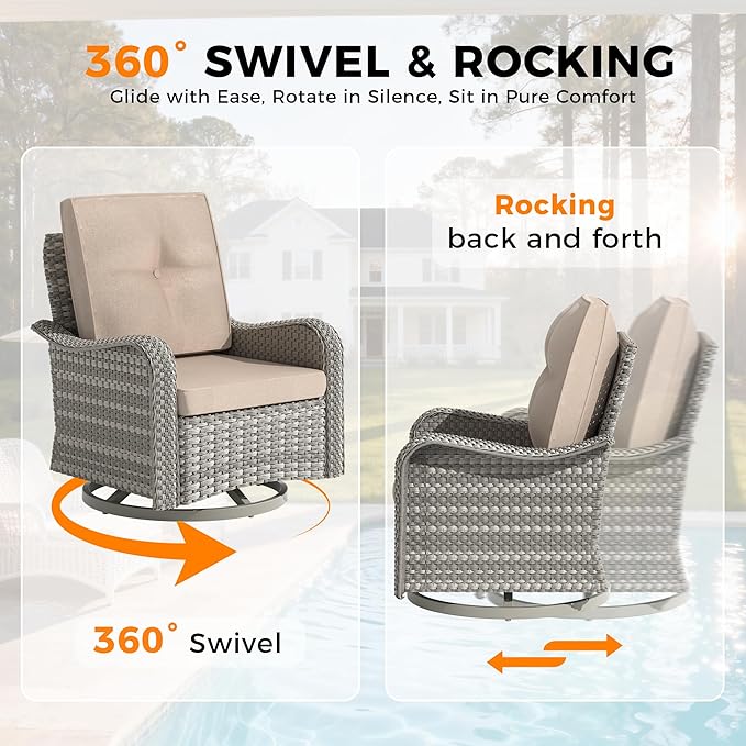 10-Seat Outdoor Wicker Patio Furniture Set with Fire Pit Table, Modular Rattan Sectional Sofa & 2 Swivel Rocking Chairs, 4" Thick Cushions, Rust-Resistant Frame,Beige
