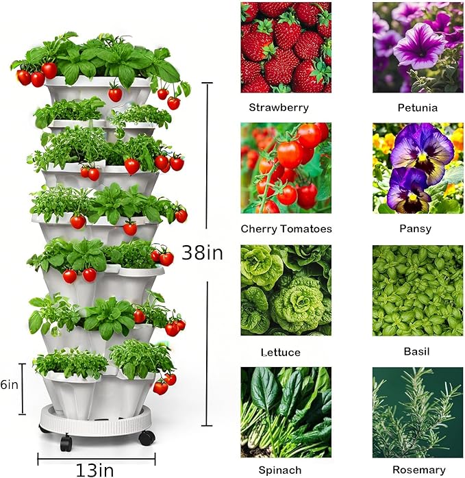 Strawberry Planters, 7 Tiered Vertical Stackable Planter, Herb Stacking Tower Garden, Flower and Vegetable Planters with Support Pole Indoor & Outdoor with Removable Wheels - Dark Grey