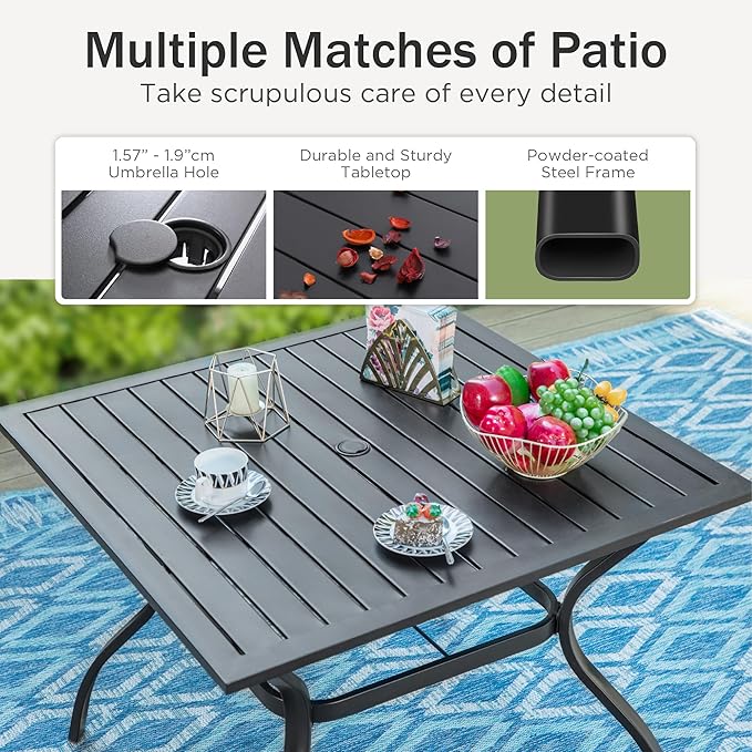 PHI VILLA 5 Pieces Outdoor Dining Set for 4, 37" Square Black Metal Table with Umbrella Hole & Wrought Iron Chairs, All Weather Large Outside Furniture with Cushions & Pillows for Patio, Deck, Porch