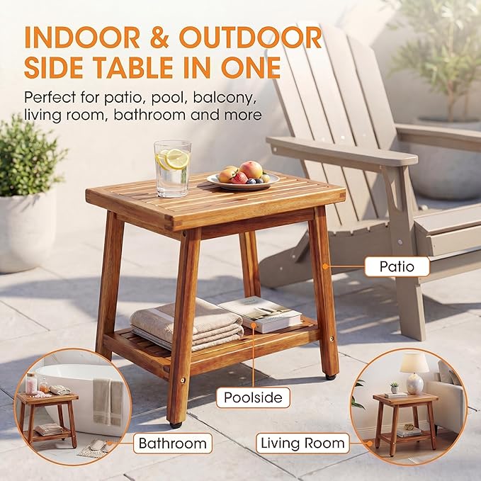 ENKEZI Small Acacia 16 Inches Outdoor Side Table, 2-Tier Sturdy Patio, End Table Weather Resistant, Strong Stability Side Table for Patio, Pool, Porch, Teak Finish (Small)