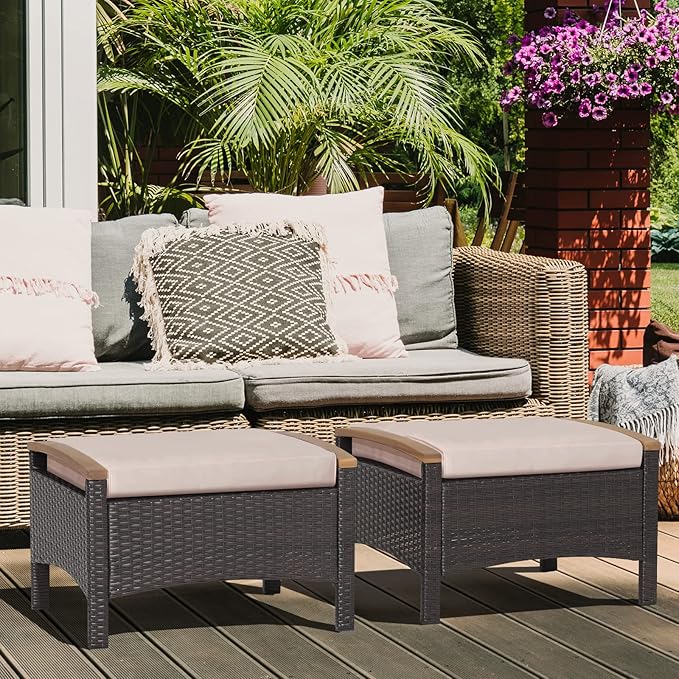 RELAX4LIFE Outdoor Wicker Ottomans for Patio - 2 Pieces PE Rattan Ottoman, Footrest Seat with Zippered Cushions, Acacia Wood Handles, 3-in-1 Footstool, Side Table for Poolside, Backyard (Brown)