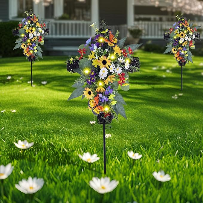 Solar Flower Cross Garden Stake Lights - Waterproof Grave Decorations for Cemetery, Memorial Cross with LED Lights, Sympathy Gift for Grandma, Outdoor Garden, Yard, Lawn Decor