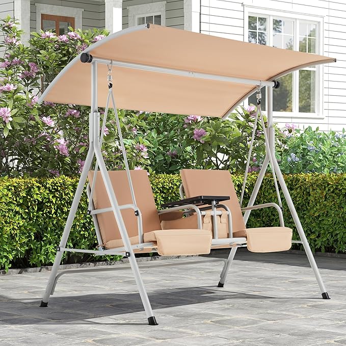 HOMREST 2 Seat Outdoor Porch Swing,Patio Swing with Adjustable Canopy,Heavy Duty 650 LBS Outdoor Swing with Pivot Storage Table & 2 Cup Holders & Cushions for Yard, Lawn, Backyard, (Beige)