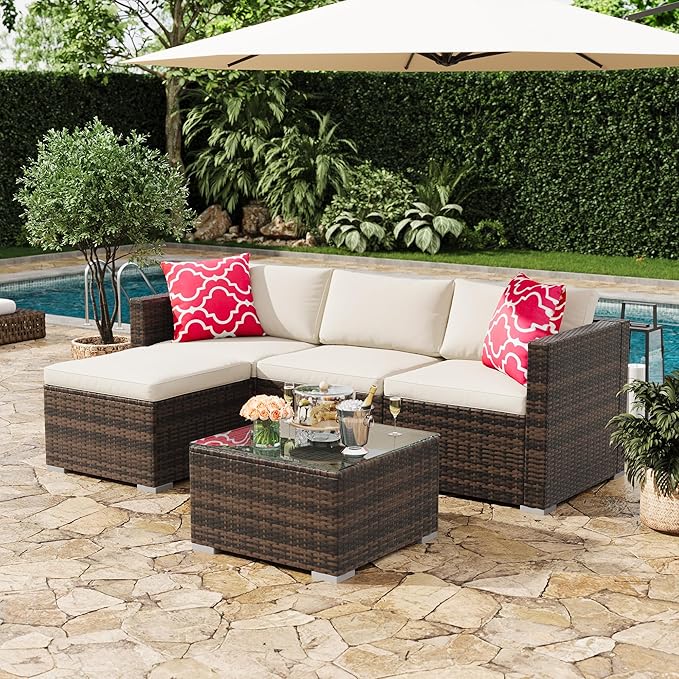 GAOMON 5-Piece All-Weather Patio Furniture Set, Convertible Outdoor Sectional Sofa with Ottoman & Tempered Glass Table, PE Rattan Conversation Set for Garden, Backyard, Porch, Poolside