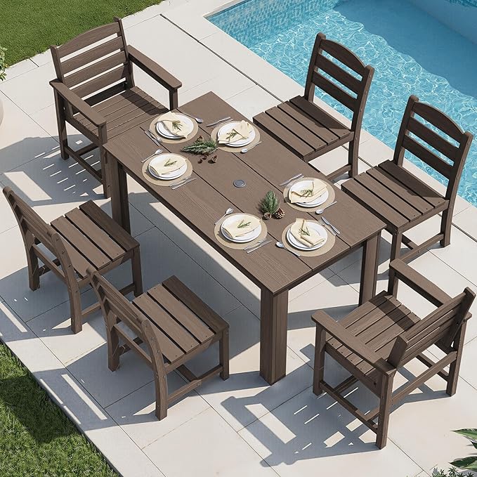 SERWALL Outdoor Dining Sets for 6, HDPE Dining Sets with 1 Umbrella Hole Cut-Out Rectangular Table and 4 Armless Chairs and 2 Armchairs, Patio Dining Sets, Coffee