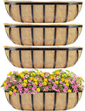 4pcs 24" Window Box Deck Railing Planter with Coco Liner, Metal Hanging Flower Planter Window Basket, Wall Planters Boxes with Horse Trough Coco Liner for Outdoor Indoor Balcony Porch Fence