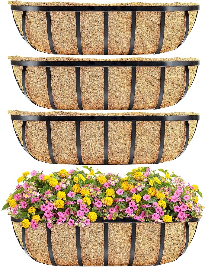 4pcs 24" Window Box Deck Railing Planter with Coco Liner, Metal Hanging Flower Planter Window Basket, Wall Planters Boxes with Horse Trough Coco Liner for Outdoor Indoor Balcony Porch Fence