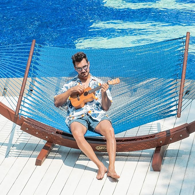 Lazy Daze Hammocks 10.5 FT Double 2 Person Caribbean Rope Hammock, Hand Woven Polyester Hammock with Spreader Bars, for Outside Outdoor Backyard Patio Poolside, 450 LBS Capacity, Sky Blue
