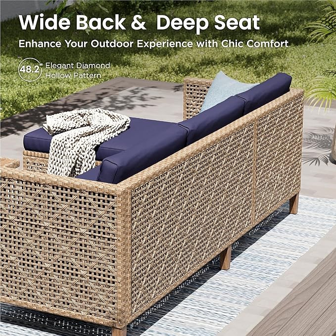 PHI VILLA Sectional Outdoor Couch, Small Patio Furniture Set with Cushions and Acacia Wood Coffee Table, L-Shaped Wicker Outdoor Sofa for Deck or Porch, 4 Seats, Navy Blue