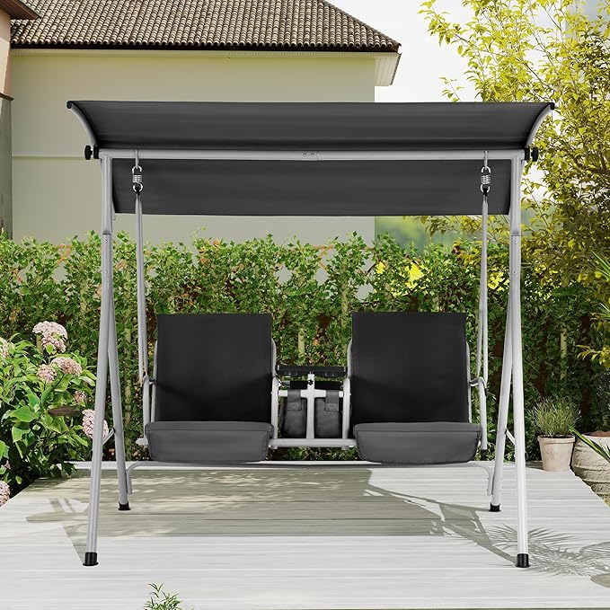 HOMREST 2 Seat Outdoor Porch Swing,Patio Swing with Adjustable Canopy,Heavy Duty 650 LBS Outdoor Swing with Pivot Storage Table & 2 Cup Holders & Cushions for Yard, Lawn, Backyard, (Black)
