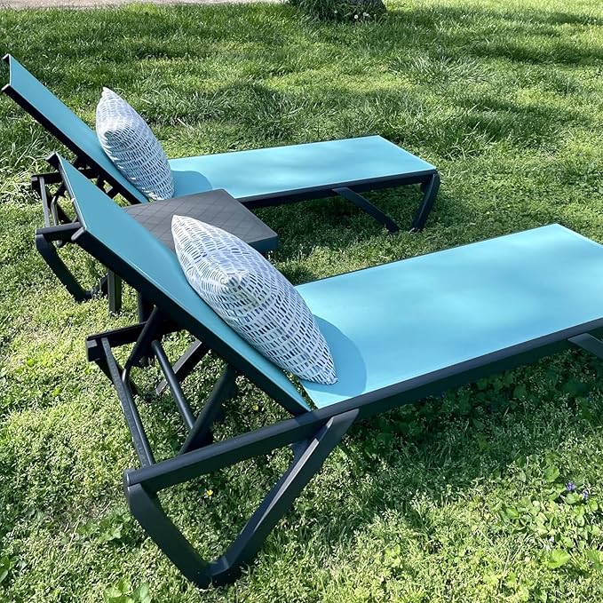 Domi Pool Lounge Chairs Set of 2, Aluminum Adjustable Outdoor Chaise Lounge with Wheels, All Weather Poolside Chairs for Deck Lawn Patio Backyard, Textilene - Turquoise Blue