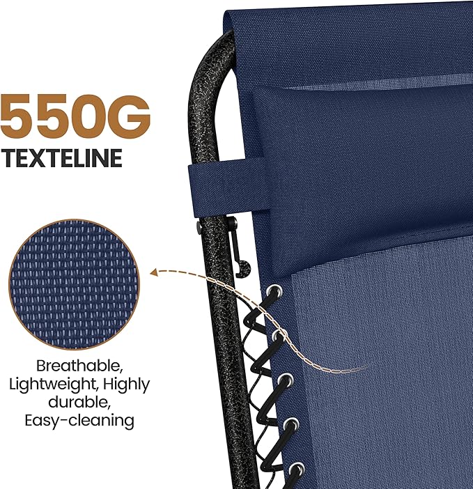 Yaheetech Zero Gravity Recliners Outdoor Adjustable Folding Reclining Lounge Chairs w/Pillows, Cup Holder Trays and Carry Strap for Patio Backyard Beach Navy Blue Set of 2