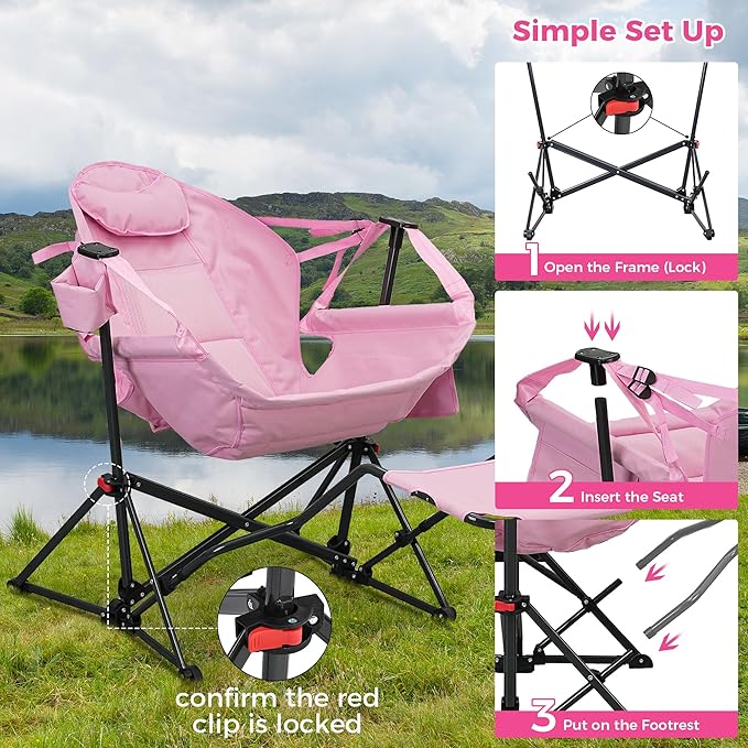 Ainfox Hammock Chair with Footrest, Oversized Swinging Portable Folding Camping Chairs for Adults Outside Swinging Camp with Cup Holder Pillow for Outdoor Patio Lawn Pink