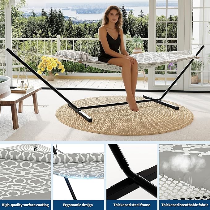 Double Hammock with Heavy-Duty Steel Stand, 2 Person Portable Hammock, 450LBS Max Weight Capacity, Easy Assembly, Ideal for Indoor, Backyard, Camping & Outdoor Use