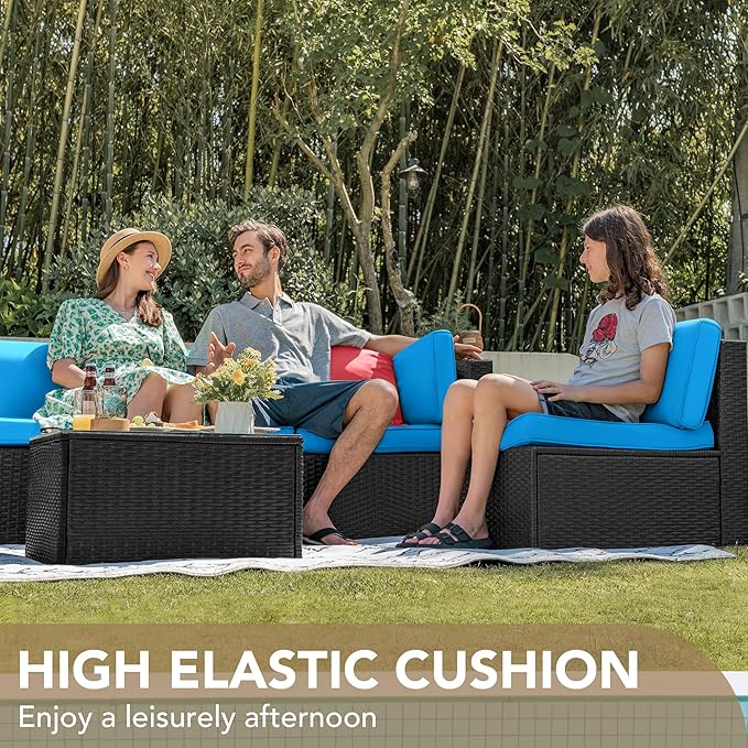 Devoko 7 Pieces Outdoor Sectional Sofa Patio Furniture Sets Manual Weaving Wicker Rattan Patio Conversation Sets with Cushion and Glass Table (Blue)