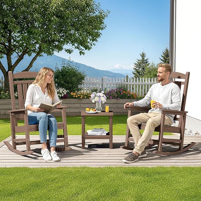 SERWALL HDPE Outdoor Rocking Chair Set of 4, Patio Rocking Chairs, All-Weather Porch Rockers for Adults, Brown