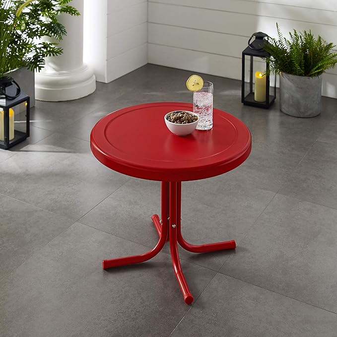 Crosley Furniture Griffith Weather Resistant Retro Metal Outdoor Side Table for Patio, Deck, Porch, Red