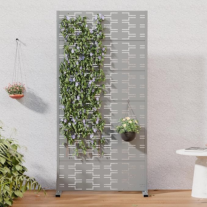 Casaphoria Metal Privacy Screen Outdoor, 72" H x 35" W Freestanding Decorative Privacy Screen for Patio Deck Balcony Garden with Stable Base, Grey-Brick