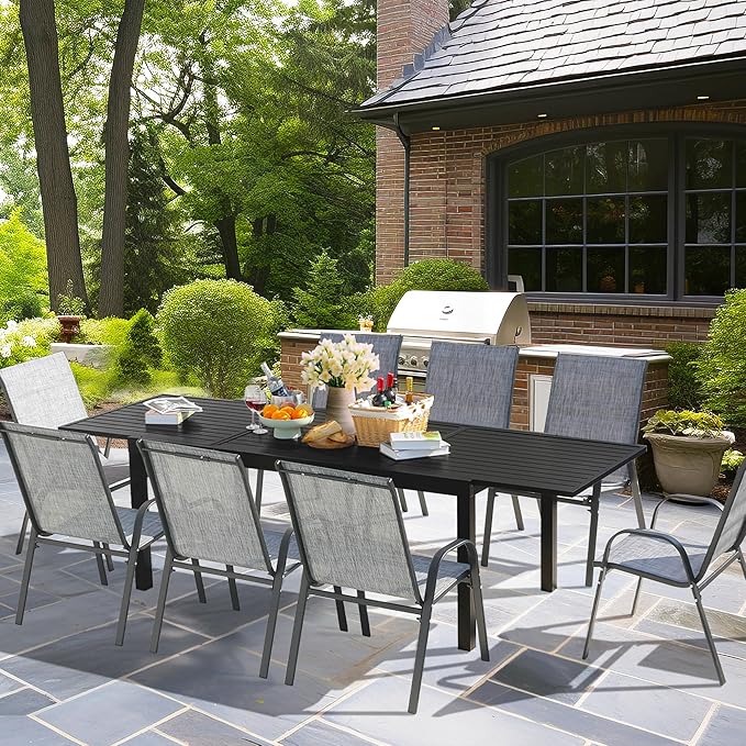 Outdoor Expandable Dining Table 71"-106" Aluminum Patio Dinner Table for 8-10 Person, Rectangular Metal Collapsible Tables with Umbrella Hole, Patio Tables with Extendable Top for Garden, Backyard