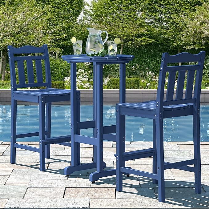 nalone Outdoor Bar Chairs and Table Set, HDPE Balcony Adirondack Chairs and Tables 3 Pieces Set, Outdoor Bar Stools for Garden, Yard, Backyard(Navy Blue, Bar Chairs with Table)