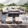 PHI VILLA 6-Piece Wicker Patio Furniture Set with Fire Pit Table, Outdoor Half-Moon Curved Sectional Sofa with Cushions, 56” Gas Fire Pit Table and Ottomans, Beige
