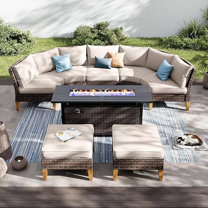 PHI VILLA 6-Piece Wicker Patio Furniture Set with Fire Pit Table, Outdoor Half-Moon Curved Sectional Sofa with Cushions, 56” Gas Fire Pit Table and Ottomans, Beige
